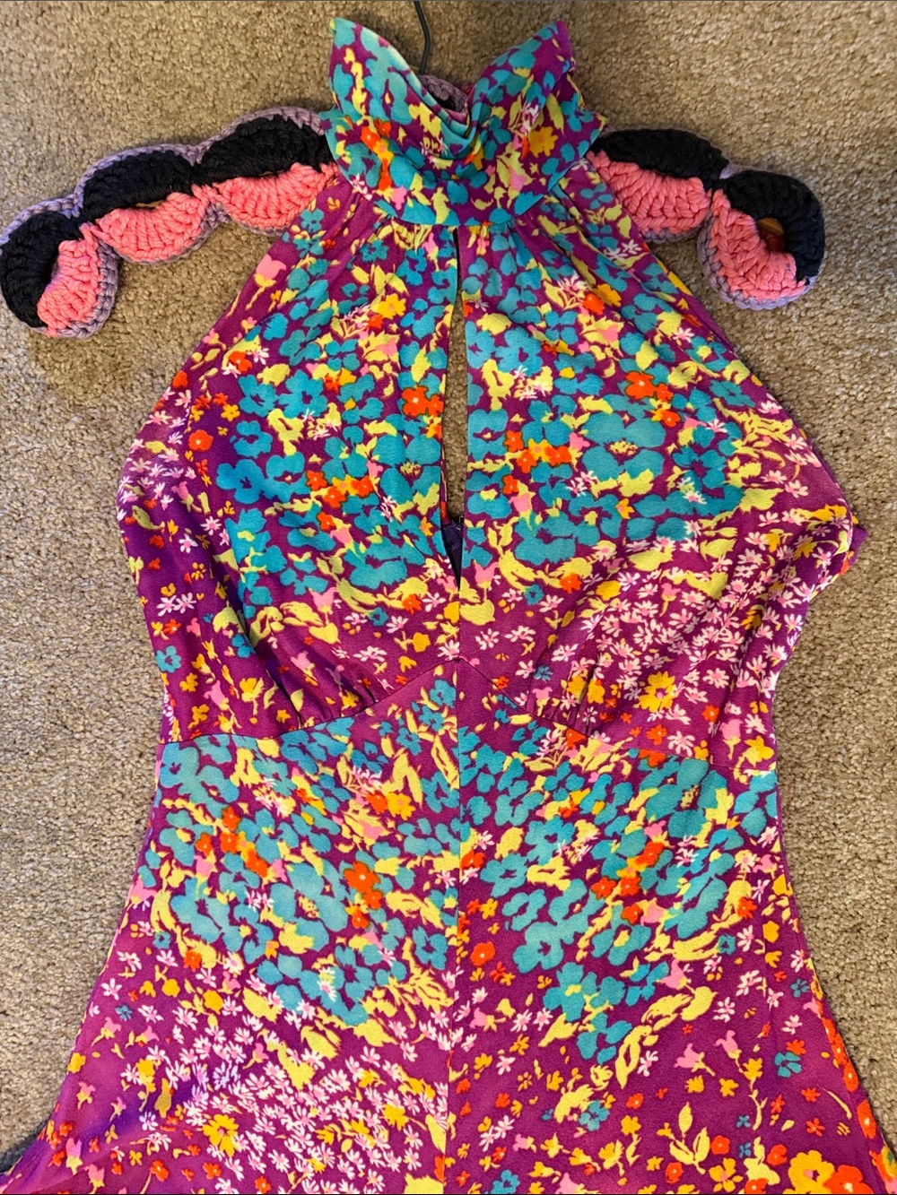 Vintage Purple Floral Maxi Dress with Turquoise & Yellow Accents
